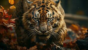 majestuoso Bengala Tigre se esconde en el otoño bosque, feroz y hermosa generado por ai foto