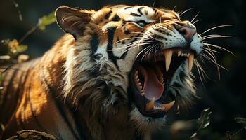 Furious tiger roaring, fierce gaze, wild beauty in nature portrait generated by AI photo