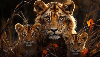 Wild tiger family walking in the African savannah, fierce and majestic generated by AI photo