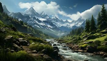 Majestic mountain peak, tranquil meadow, flowing water, adventurous hiking generated by AI photo