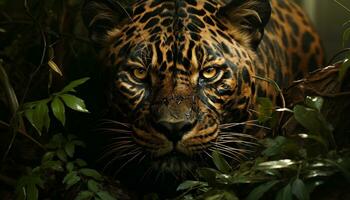 Majestic Bengal tiger staring, wild beauty in nature, tropical rainforest generated by AI photo