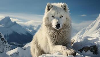 Majestic wolf in arctic landscape, snowing, looking at camera generated by AI photo