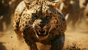 majestuoso leopardo caminando en el desierto, mirando a cámara generado por ai foto