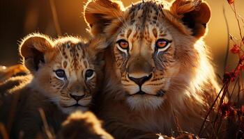 Majestic lion cub staring, hiding in wilderness, whisker focus generated by AI photo