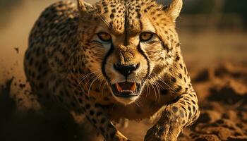 Majestic cheetah, spotted beauty, staring, walking in African wilderness generated by AI photo