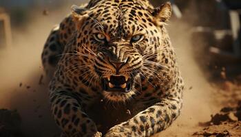 majestuoso grande gato, manchado y a rayas, caminando en el desierto generado por ai foto