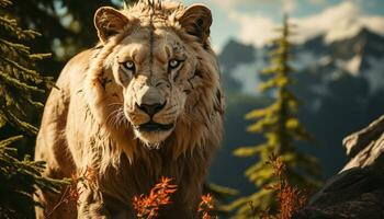 Majestic lioness hiding, looking at camera, walking in tranquil wilderness generated by AI photo