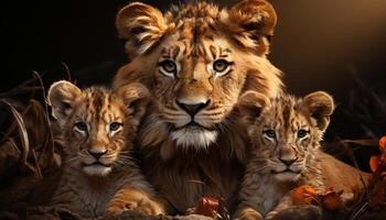 Majestic lioness and cub walking, staring, nature beautiful family portrait generated by AI photo