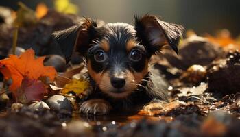 linda perrito jugando en el otoño bosque, mirando a cámara generado por ai foto