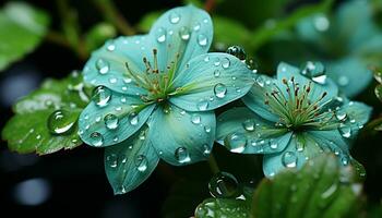 Freshness of nature  vibrant green leaf, dew drop on flower generated by AI photo