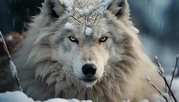 un linda lobo en el Nevado bosque, mirando a cámara generado por ai foto