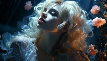 Blond haired beauty, a portrait of elegance and sensuality generated by AI photo