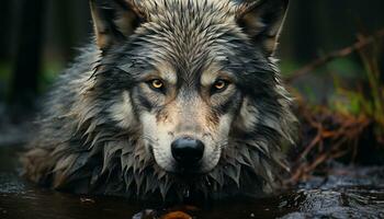 un linda lobo cachorro en el bosque, mirando a cámara generado por ai foto