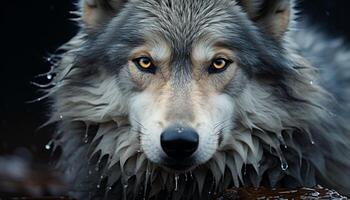 Cute puppy looking at camera, wet fur, in snowy outdoors generated by AI photo