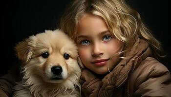 un linda pequeño perro y un sonriente niña en un retrato generado por ai foto