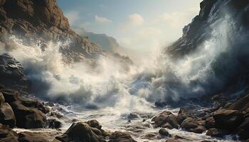 A majestic wave crashes against the rocky coastline, splashing dangerously generated by AI photo