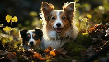 Cute purebred dog sitting outdoors, playing and looking at camera generated by AI photo