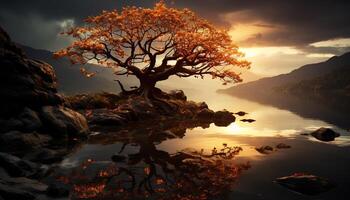 Tranquil scene  sunset reflects on water, silhouettes of trees generated by AI photo