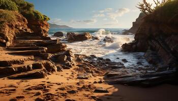 A tranquil scene of a coastline, sand, and rocky cliffs generated by AI photo