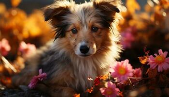 Cute puppy sitting in grass, looking at flower, enjoying nature generated by AI photo