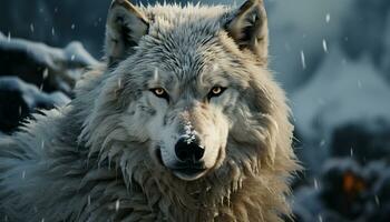 un majestuoso lobo en el Nevado bosque, mirando dentro el cámara generado por ai foto
