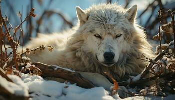un majestuoso gris lobo se sienta en el Nevado bosque generado por ai foto