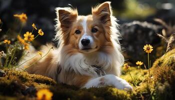 A cute purebred Shetland Sheepdog sitting outdoors, looking at camera generated by AI photo