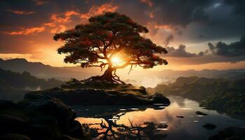 Tranquil scene  sunset paints nature beauty, reflecting on water generated by AI photo