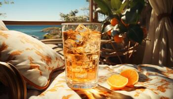 Refreshing summer cocktail on a wooden table, surrounded by citrus fruits generated by AI photo