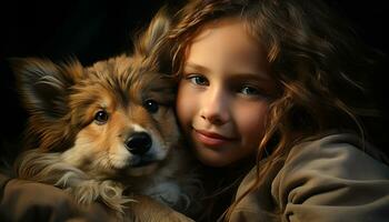 A cute small dog and a smiling child, pure friendship generated by AI photo