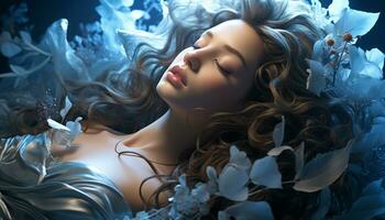 Beautiful young woman with long curly hair, eyes closed, lying down generated by AI photo