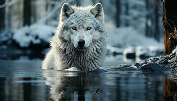 Majestic wolf in arctic winter, reflecting beauty in tranquil pond generated by AI photo