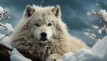 A cute canine in the winter forest, looking at the camera generated by AI photo