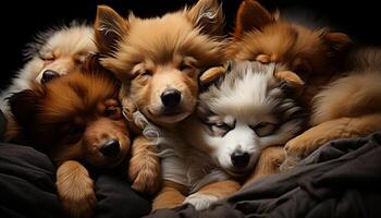 Cute puppy sleeping, looking fluffy, indoors, surrounded by playful animals generated by AI photo