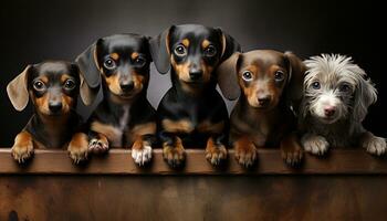 A row of small, cute puppies sitting together, looking at camera generated by AI photo