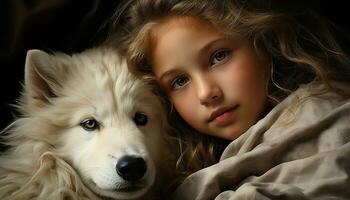 Cute puppy and smiling girl embrace in pure friendship generated by AI photo