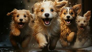 A cute, wet puppy sitting, looking at camera, playing happily generated by AI photo