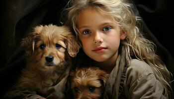 linda perro y niño, pequeño cachorro, retrato de amistad generado por ai foto