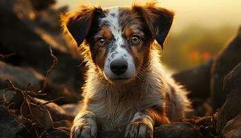 Cute puppy sitting on grass, looking at camera, enjoying sunset generated by AI photo
