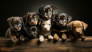 Cute puppy sitting, looking at camera, in a row indoors generated by AI photo