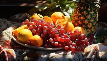 Freshness of nature bounty  grape, orange, lemon, pineapple, grapefruit, apple, lime, tangerine, tomato, strawberry generated by AI photo