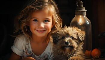 A cute small dog and a smiling child embrace happily generated by AI photo