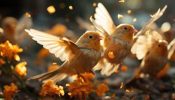 A vibrant autumn tree with a cute pigeon in flight generated by AI photo