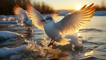 Gaviota volador libremente, alas desparramar, reflejando en tranquilo agua generado por ai foto