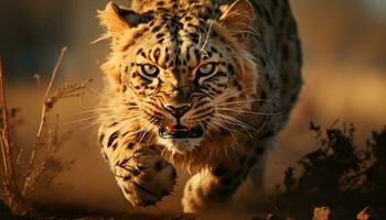 majestuoso Tigre caminando en césped, curioso, belleza en naturaleza generado por ai foto