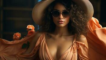 Beautiful fashion model exudes elegance and sensuality in summer glamour generated by AI photo