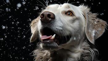 Cute puppy, wet fur, playful, looking at camera, golden retriever generated by AI photo