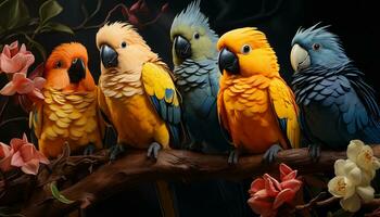 Vibrant macaws perching on a branch, showcasing nature colorful beauty generated by AI photo
