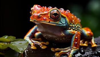 Cute toad sitting on wet leaf, looking at water generated by AI photo