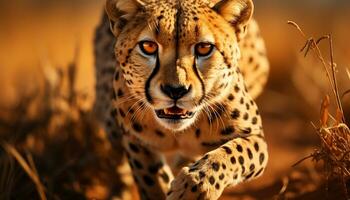 Majestic cheetah, wild beauty, staring, nature tranquility, African sunset generated by AI photo